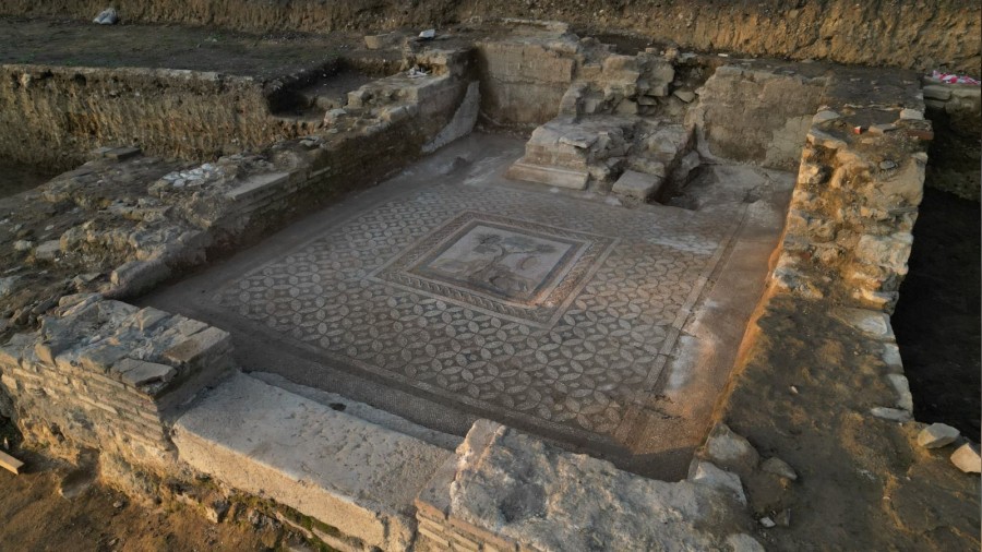 Antik tiyatro kazlarnda aslanl mozaik bulundu